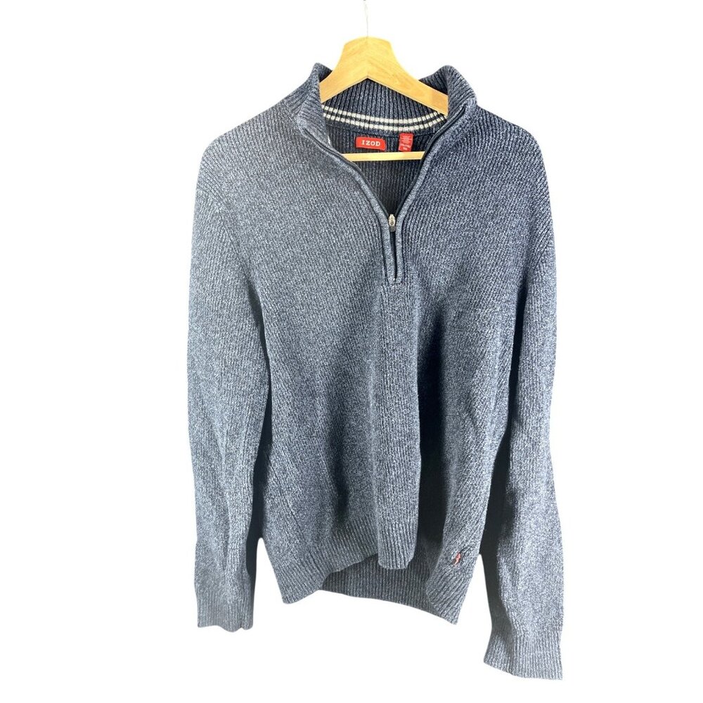 Izod Mens Knit Half Zip Sweater Size XL Ribbed Knit Gray Blue Cotton Blend